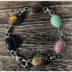 Vintage 6 Cabachon Carved Gemstone Scarabs Sterling Silver Bracelet 7 1/4”